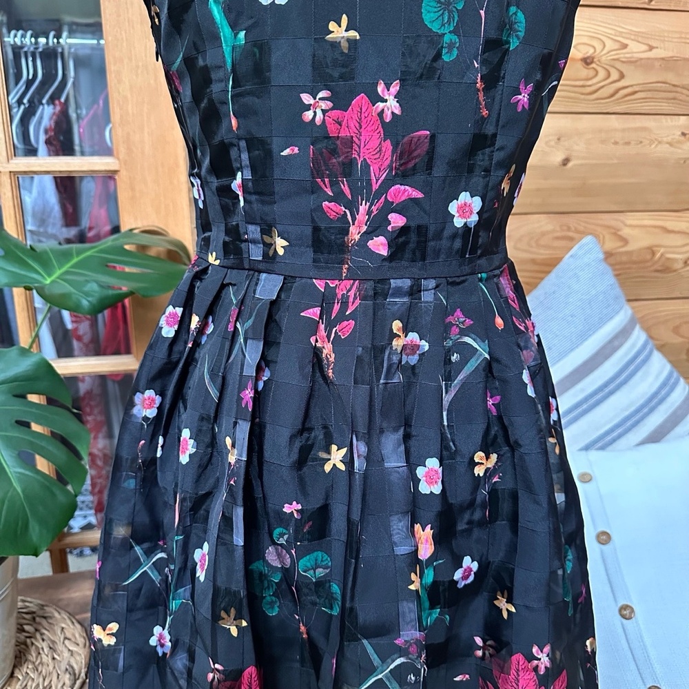 Black Floral Print Pleated Skirt Button Front Sleeveless Dress Large - Picture 12 of 16